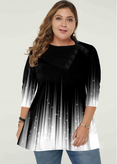 Rosewe Plus Size Gradient Long Sleeve Button Detail Tunic Top - 1X