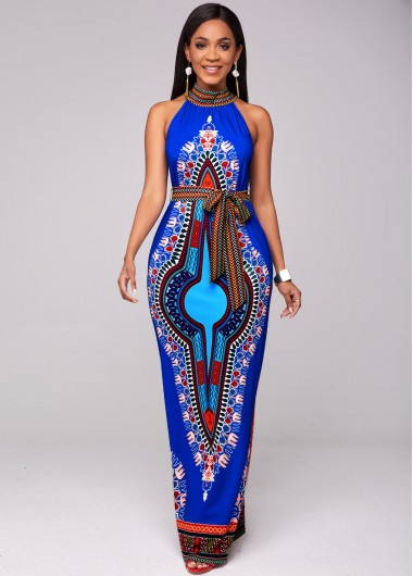 Rosewe Women Royal Blue Dashiki Printed Bib Neck Sheath Maxi Cocktail Party Dress Belted Sleeveless Elegant Dress - S