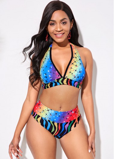 Rosewe Halter Rainbow Color Printed Bikini Set - L