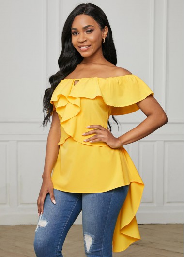 Rosewe Asymmetric Hem Flounce Off Shoulder Blouse - L