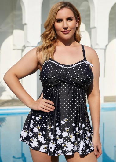 Rosewe Polka Dot Floral Print Plus Size Swimdress and Panty - 2X