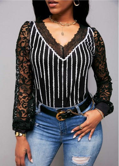 Rosewe Long Sleeve Lace Panel V Neck Striped T Shirt - S