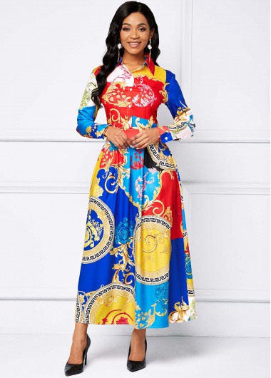 Rosewe Cocktail Party Dress Printed Long Sleeve Button Maxi Dress - S