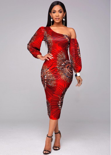 Rosewe Women Red Skew Neck Lantern Sleeve Sheath Cocktail Party Dress Three Quarter Sleeve Printed Bodycon Midi Dress - 2XL