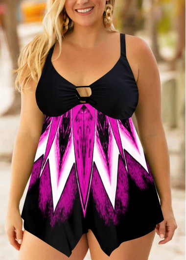Rosewe Asymmetric Hem Printed Plus Size Swimdress and Panty - 2X