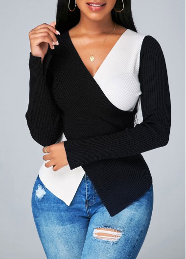 Rosewe Trendy Asymmetric Hem Contrast V Neck Sweater - XL