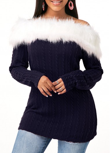 Rosewe Twist Detail Long Sleeve Fur Collar T Shirt - S