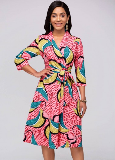 Rosewe Red Dresses Belted Printed Red 3/4 Sleeve Dress - XXL