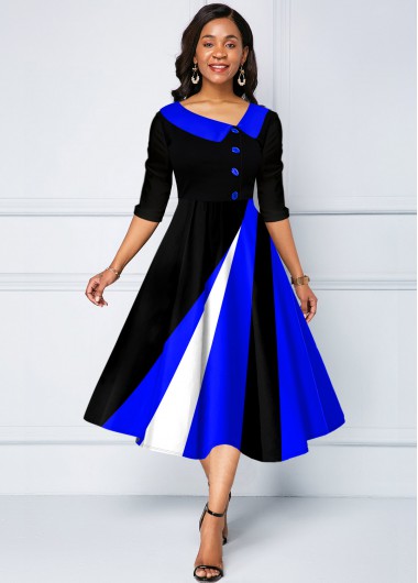 Rosewe Skater Dresses Contrast Geometric Print Decorative Button Dress - M