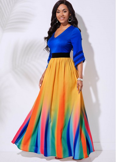 Rosewe Cocktail Party Dress 3/4 Sleeve Rainbow Stripe V Neck Dress - S