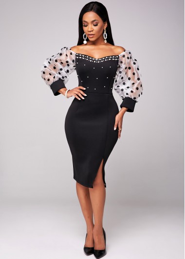 Rosewe Black Dresses Polka Dot Beaded Puff Sleeve Dress - S