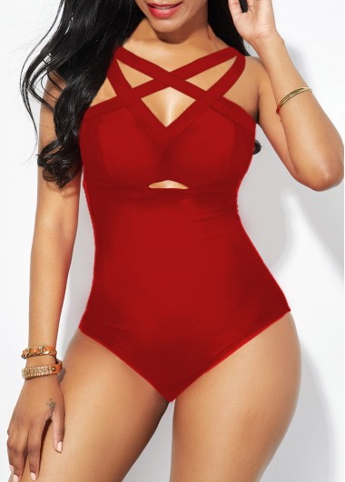 Rosewe Red Lattice Front Strappy Back One Piece Swimwear - XL