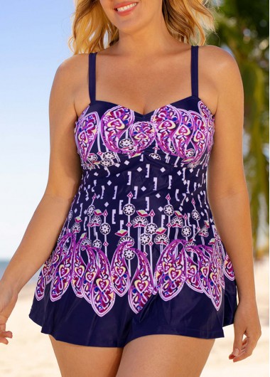 Rosewe Plus Size Spaghetti Strap Paisley Print Swimdress and Shorts - 3X