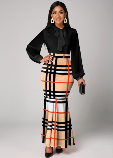 Rosewe Cocktail Party Dress Long Sleeve Plaid Bow Collar Mermaid Dress - S