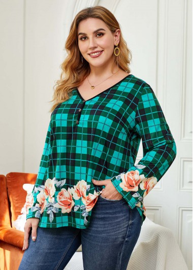 Rosewe Plaid Plus Size Floral Print Blouse - 2X