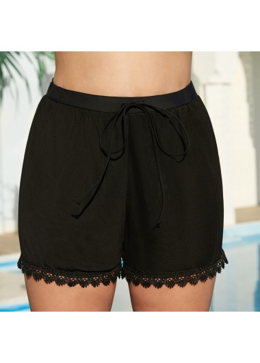 Rosewe Black Lace Stitching Drawstring Waist Swimwear Shorts - 2X