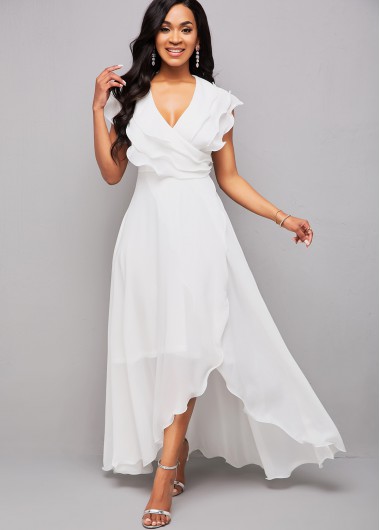 Rosewe Cocktail Party Dress Flounce Asymmetric Hem V Neck Maxi Dress - S