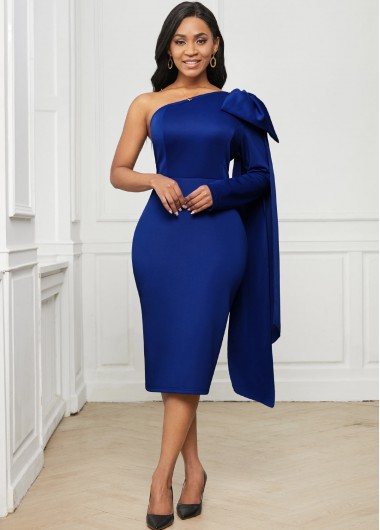 Rosewe Women Royal Blue One Shoulder Skew Neck Bowknot Cocktail Party Dress Solid Color Long Sleeve Sheath Midi Elegant Formal Dress - M
