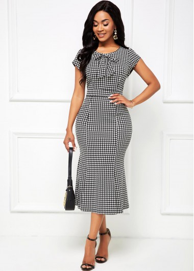 Rosewe Cocktail Party Dress Houndstooth Print Bowknot Detail Mermaid Dress - S