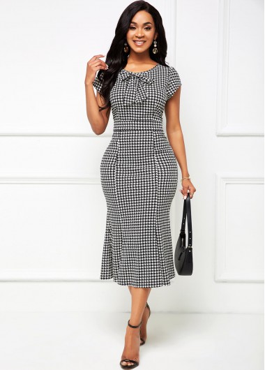 Rosewe Cocktail Party Dress Houndstooth Print Bowknot Detail Mermaid Dress - XL