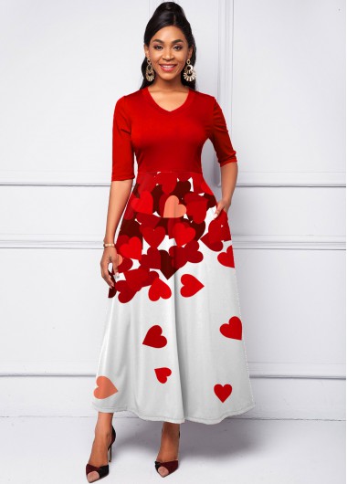 Rosewe Cocktail Party Dress Heart Print Gradient Half Sleeve Dress - S