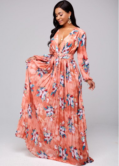 Rosewe Cocktail Party Dress Pleated Hem Buckle Belted Floral Print Dress - M