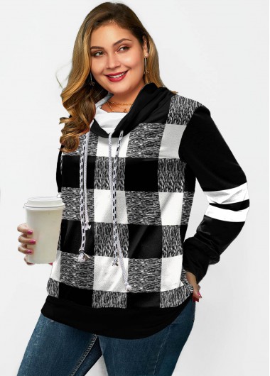Rosewe Plus Size Plaid Long Sleeve Drawstring Sweatshirt - 3X