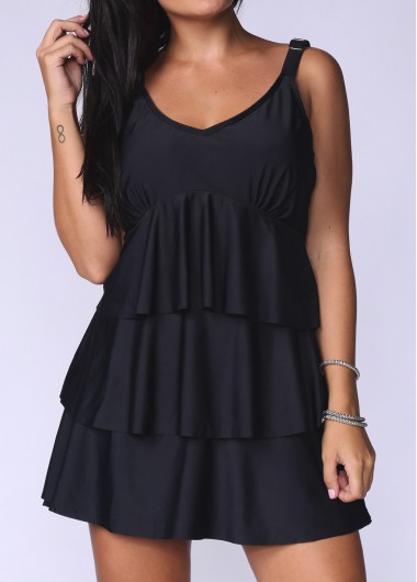 Rosewe Black Layered Ruffle Hem Swimdress and Panty - M