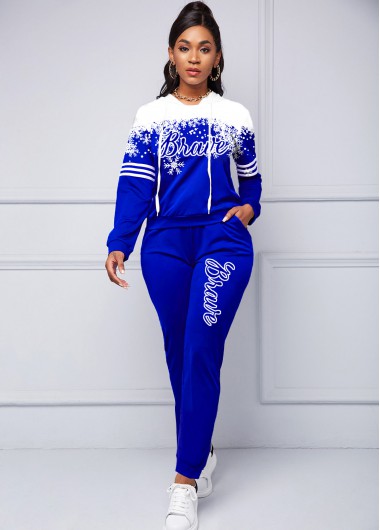 Rosewe Hooded Collar Pocket Snowflake Print Sweatsuit Set - XL
