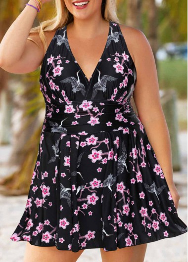 Rosewe Floral Print Cross Strap Plus Size Swimdress and Shorts - 2X