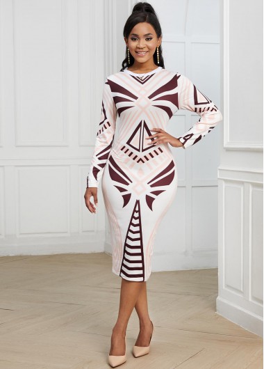 Rosewe Women White Geometric Printed Long Sleeve Sheath Midi Dress Elegant Cocktail Party Dress - M