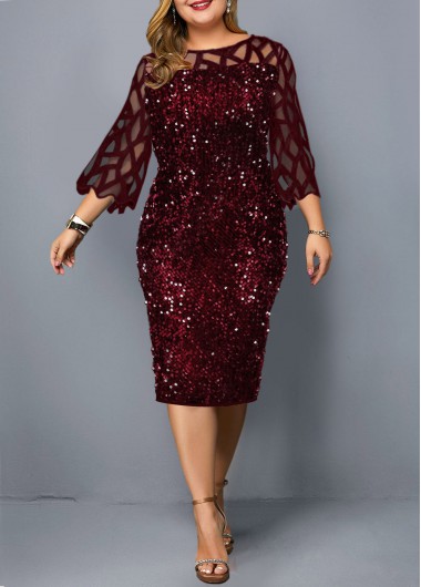 Rosewe Women Wine Red Plus Size Cocktail Party Dress Solid Color Sequin Illusion Three Quarter Sleeve Sheath Midi Elegant Dress - 1X