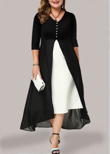 Women&apos;S Black And White Chiffon V Neck Casual Dress Plus Size Color Block Three Quarter Sleeve Maxi Cocktail Party Dress By Rosewe - 2X