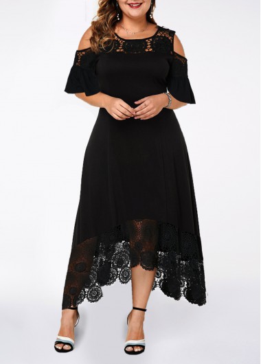 Rosewe Women Black Cold Shoulder Plus Size Lace Dress Solid Color Half Sleeve High Low Elegant Maxi Cocktail Party Dress - 4X
