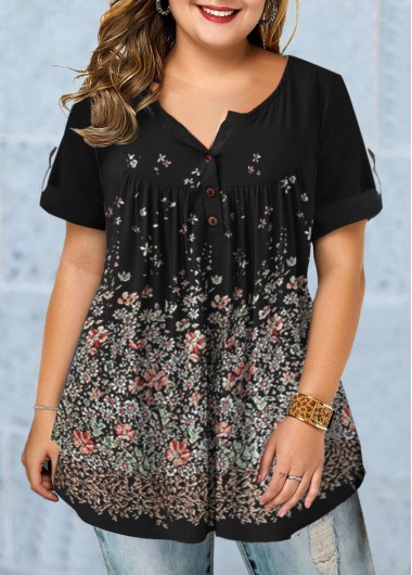 Rosewe Floral Print Button Detail Plus Size T Shirt - 4X