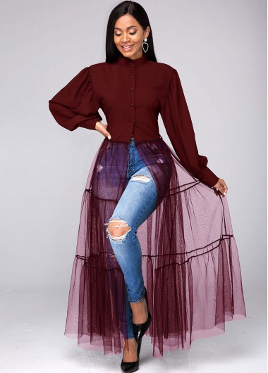 Rosewe Plus Size Lantern Sleeve Mesh Stitching Blouse - 3X