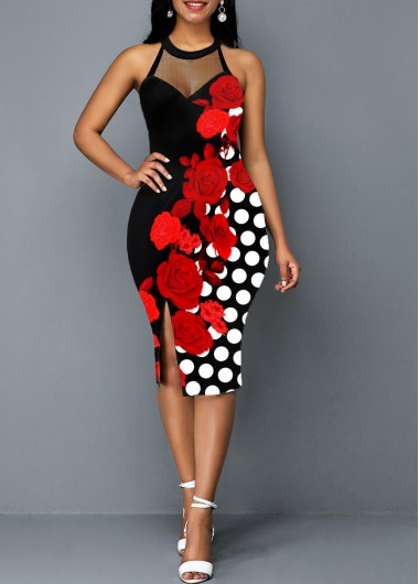 Rosewe Black Dresses Polka Dot Side Slit Floral Print Dress - M