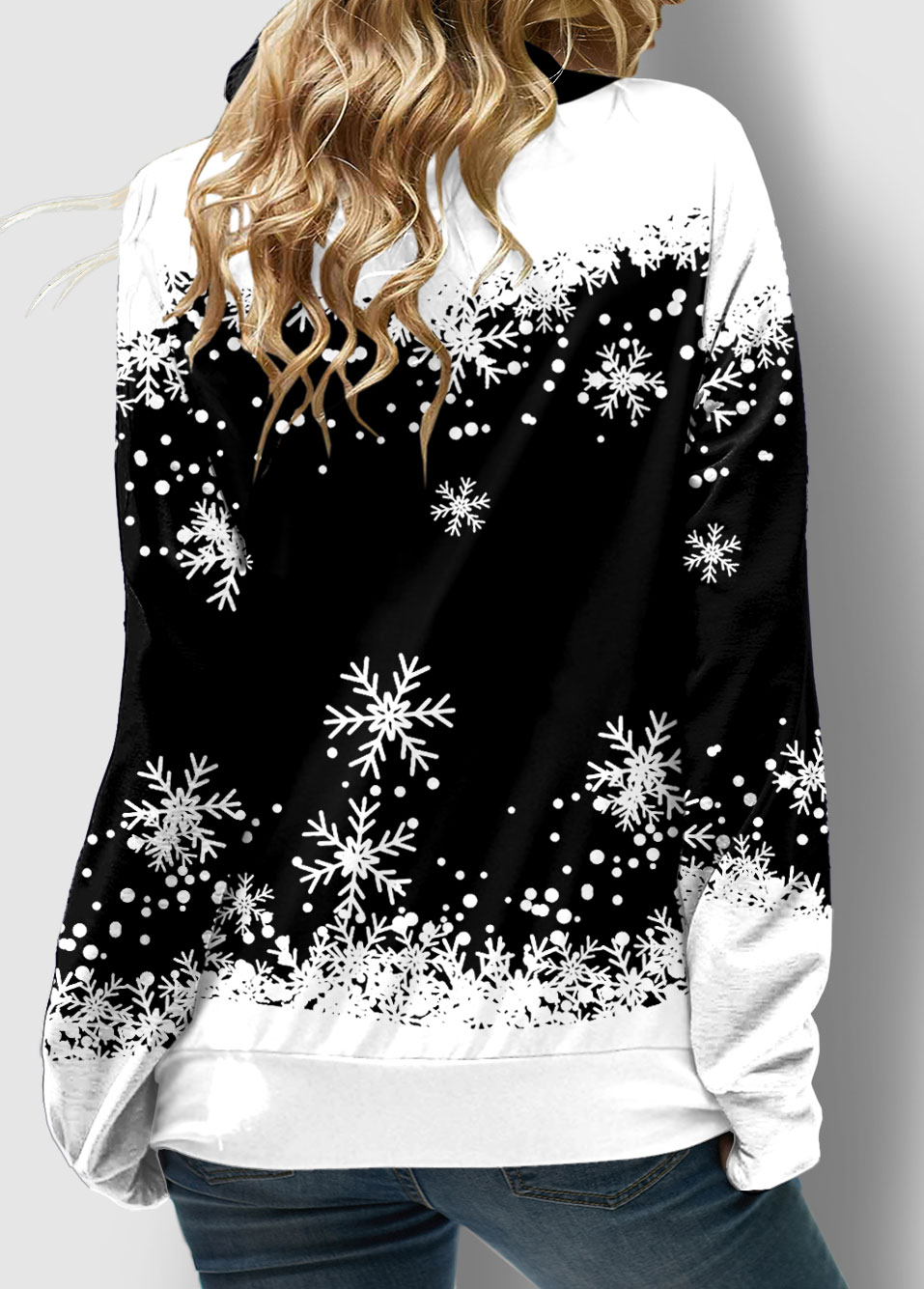 Drawstring Long Sleeve Snowflake Print Sweatshirt