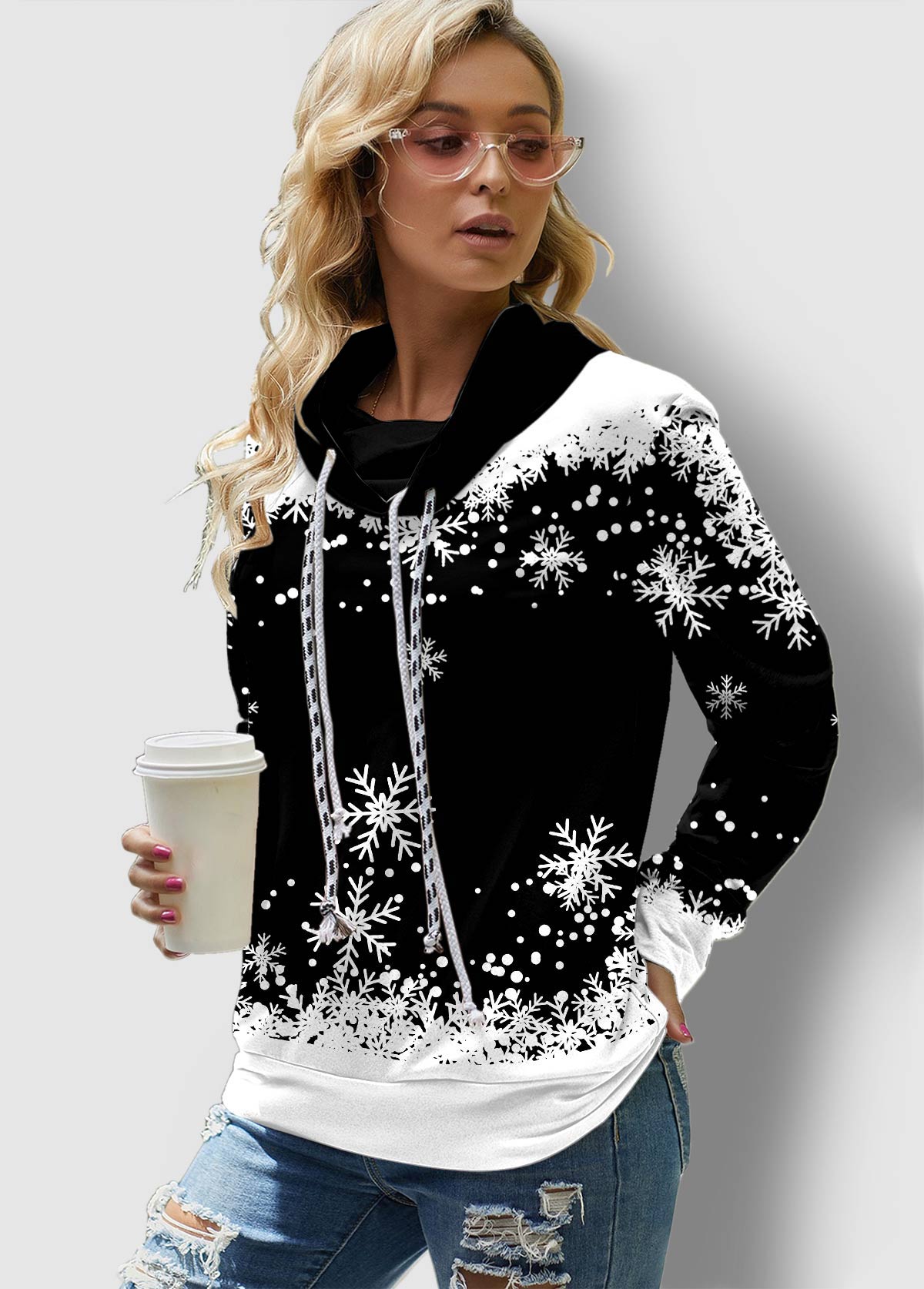 Drawstring Long Sleeve Snowflake Print Sweatshirt