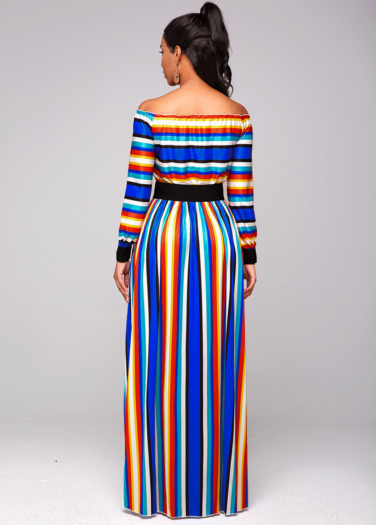 Off Shoulder Top and Rainbow Color Striped Skirt