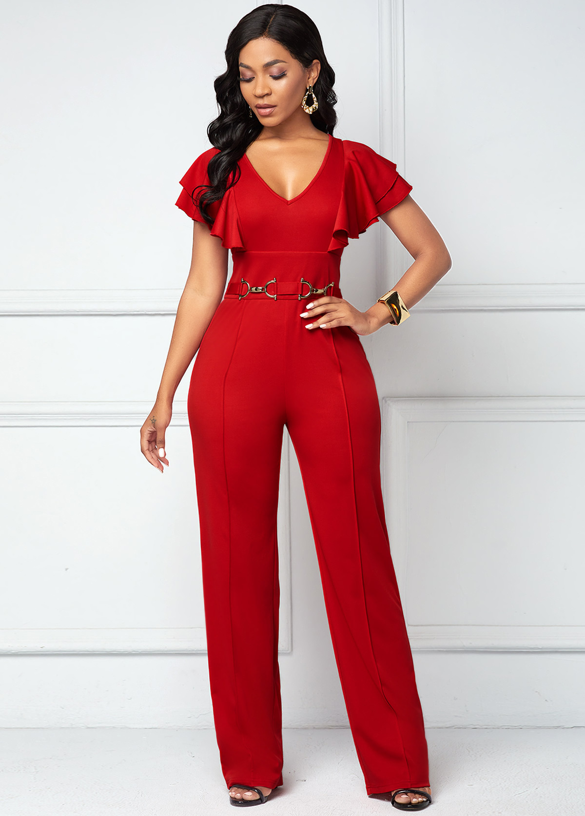 Red Butterfly Sleeve V Neck Jumpsuit