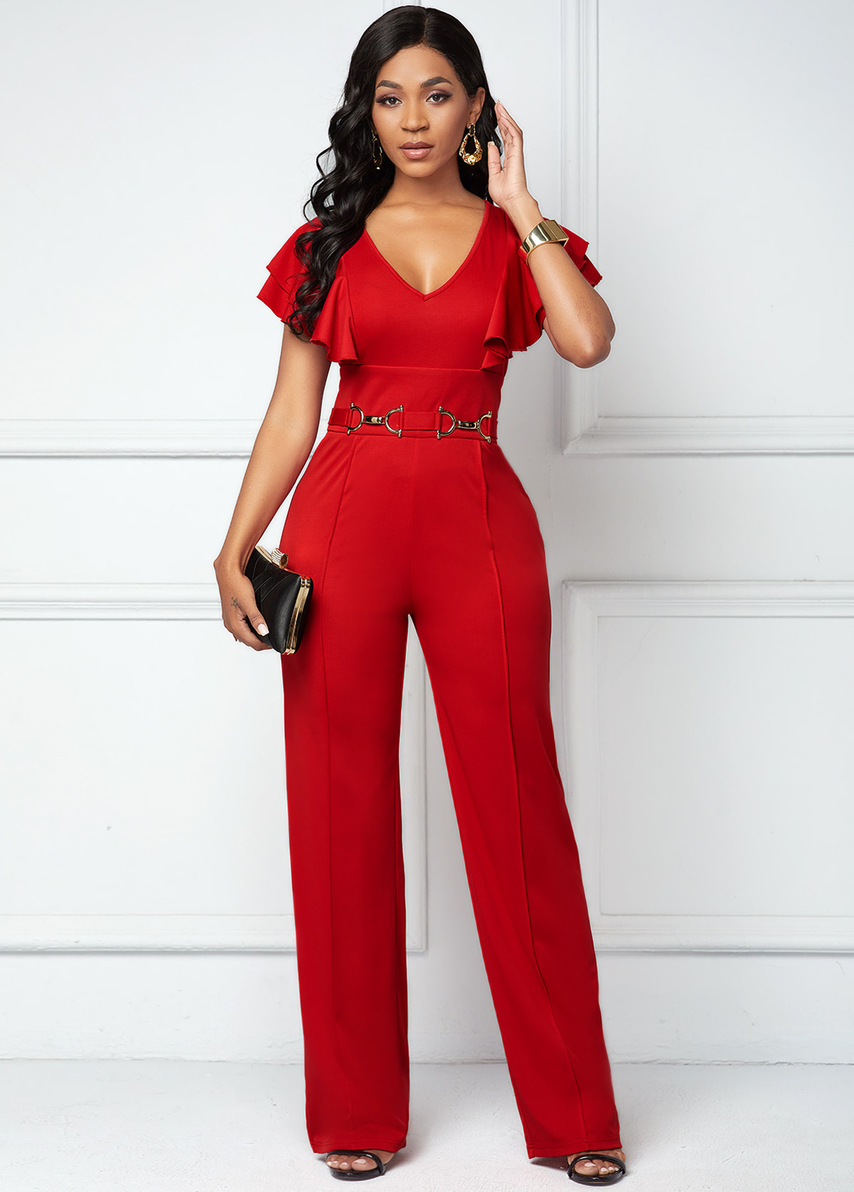 Red Butterfly Sleeve V Neck Jumpsuit