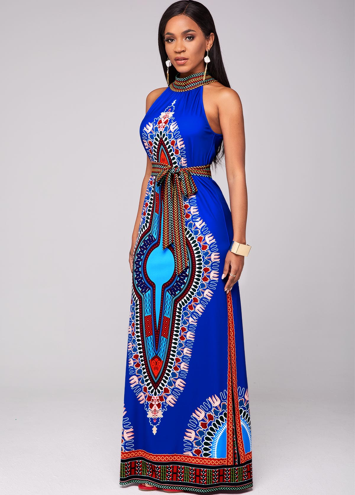 Belted Dashiki Print Bib Neck Maxi Dress