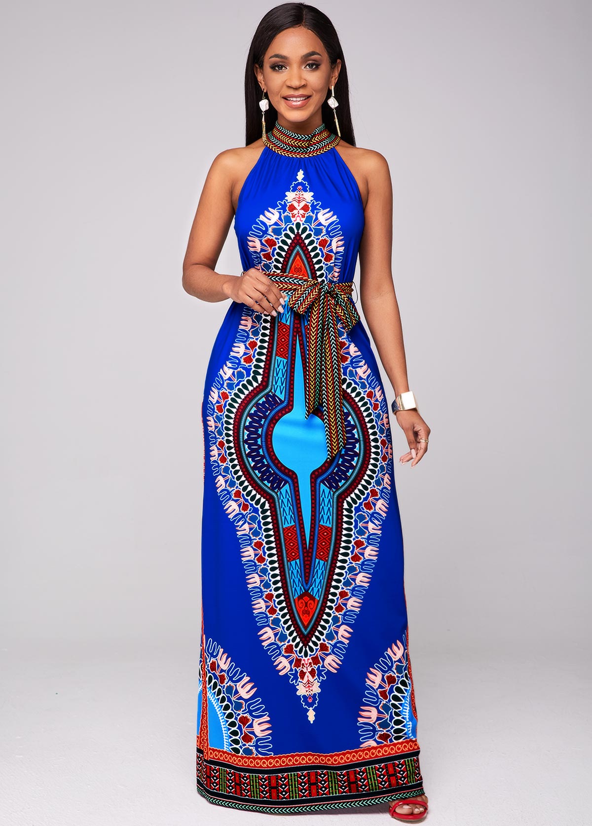 Belted Dashiki Print Bib Neck Maxi Dress