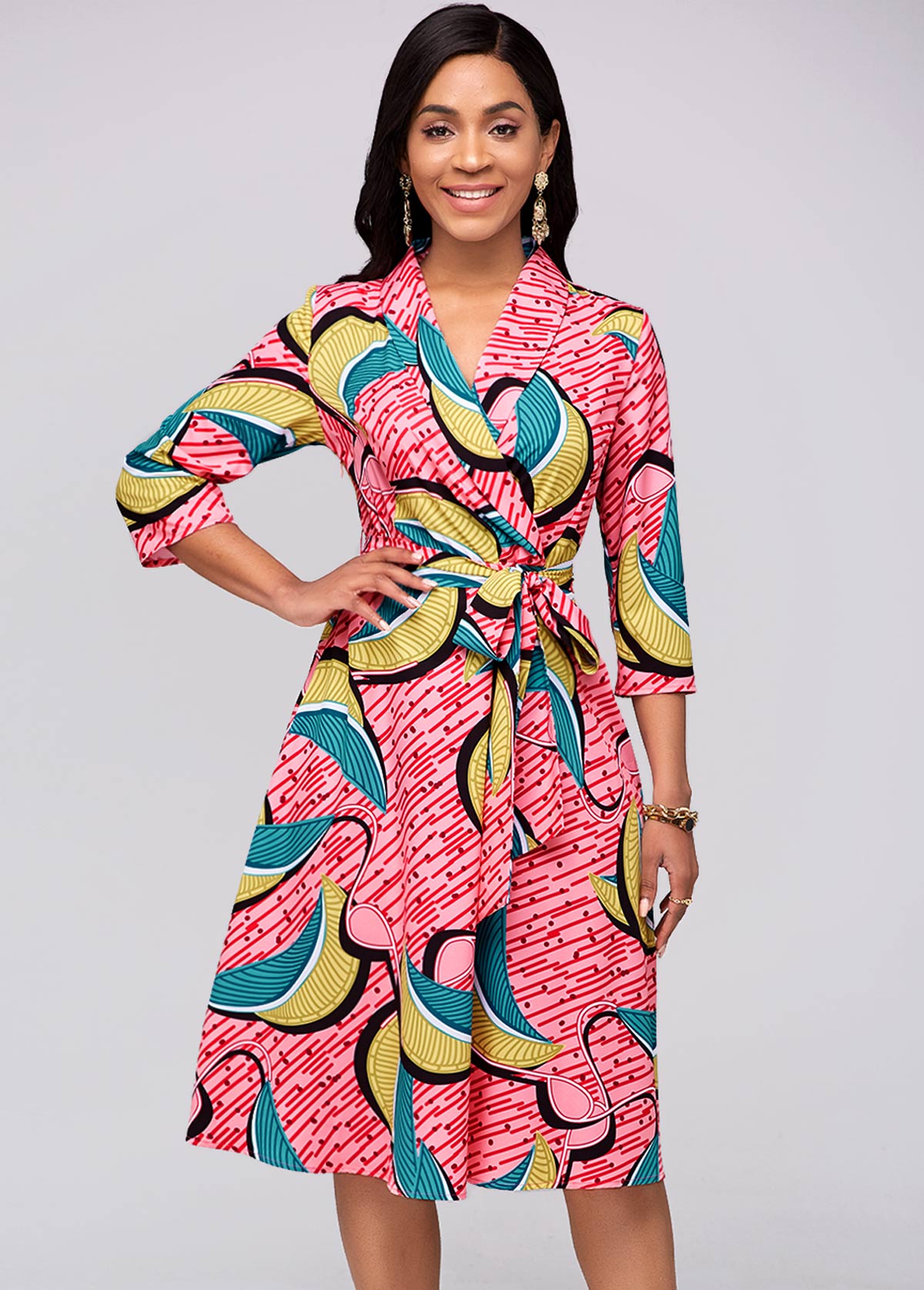 Belted Printed Red 3/4 Sleeve Dress