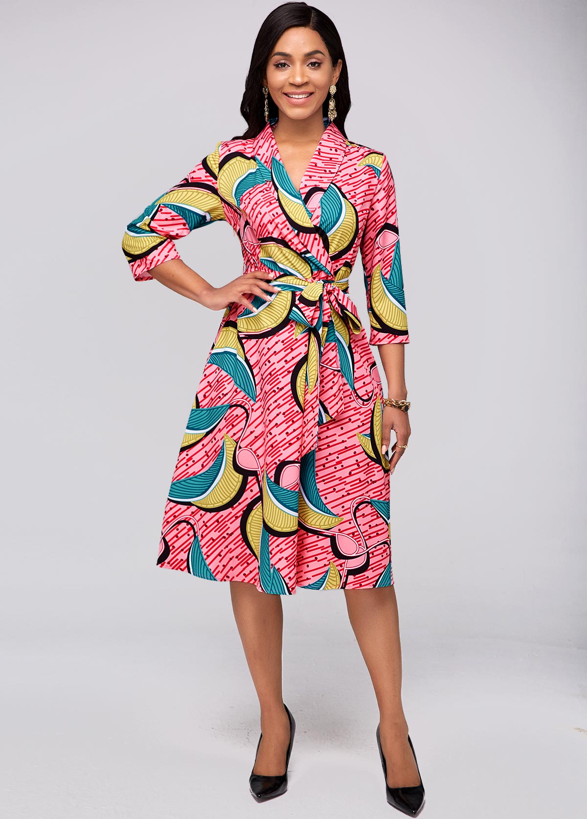 Belted Printed Red 3/4 Sleeve Dress
