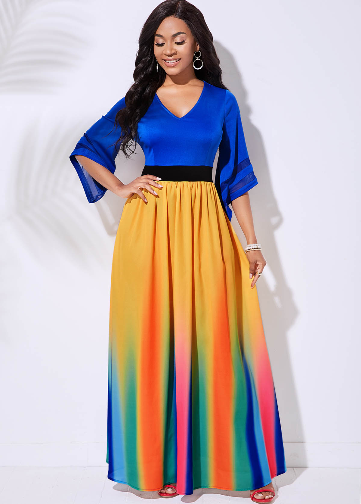 3/4 Sleeve Rainbow Stripe V Neck Dress