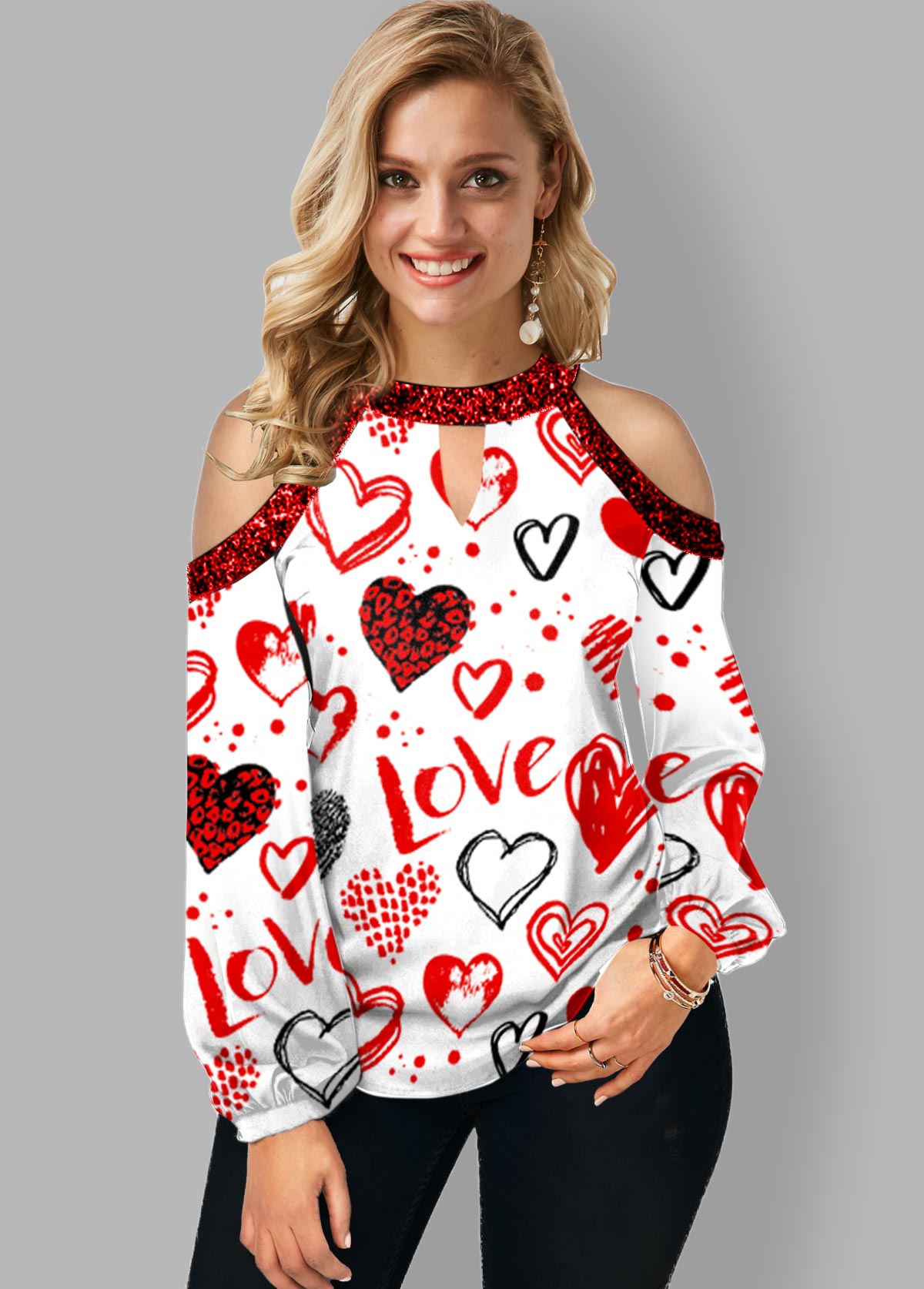 Keyhole Neckline Cold Shoulder Heart Print T Shirt