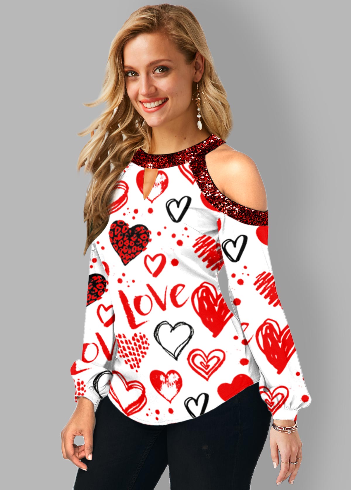Keyhole Neckline Cold Shoulder Heart Print T Shirt