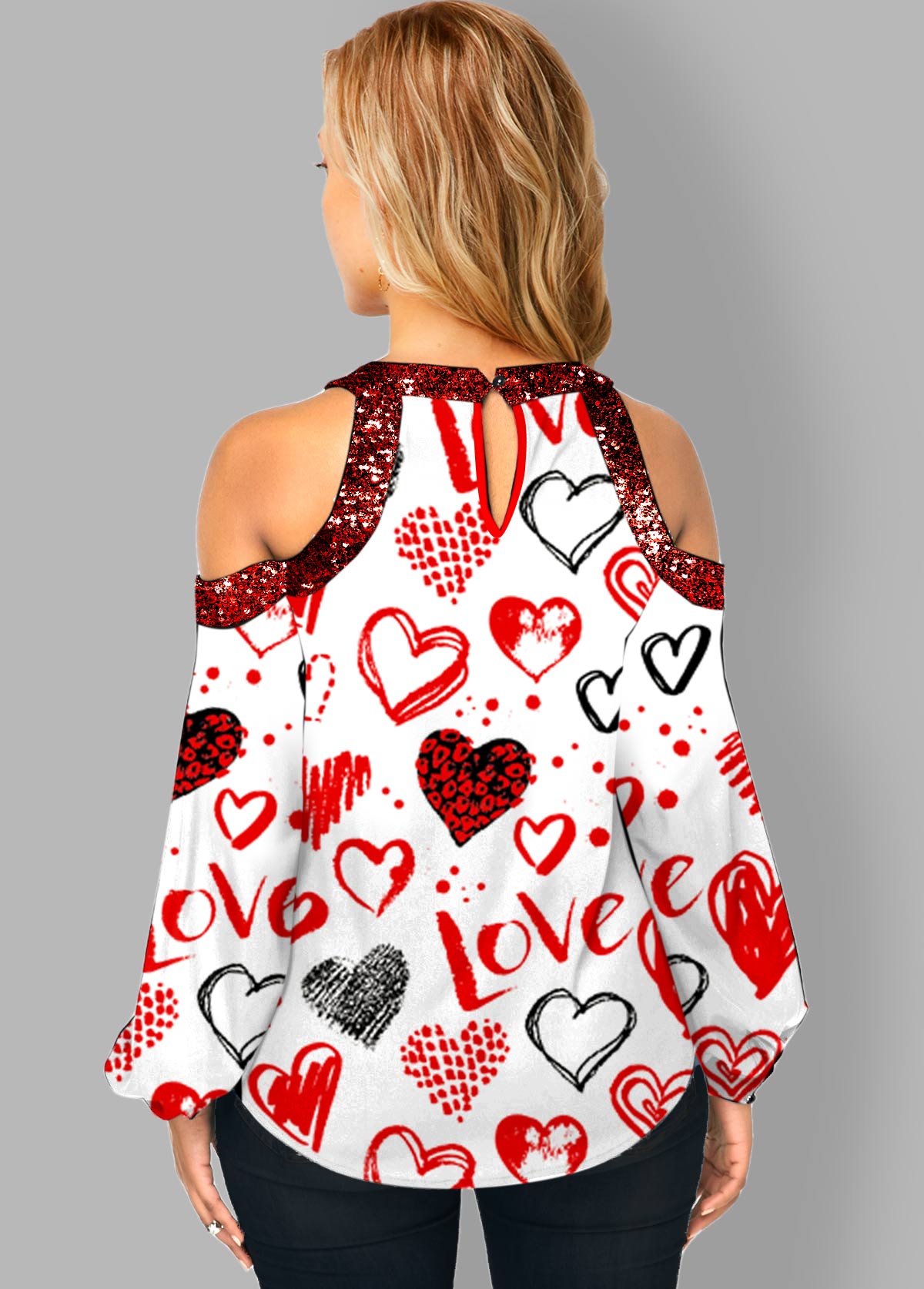 Keyhole Neckline Cold Shoulder Heart Print T Shirt